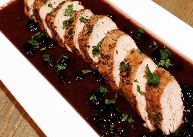 black pepper crusted pork tenderloin with black cherry reduction recipe main photo