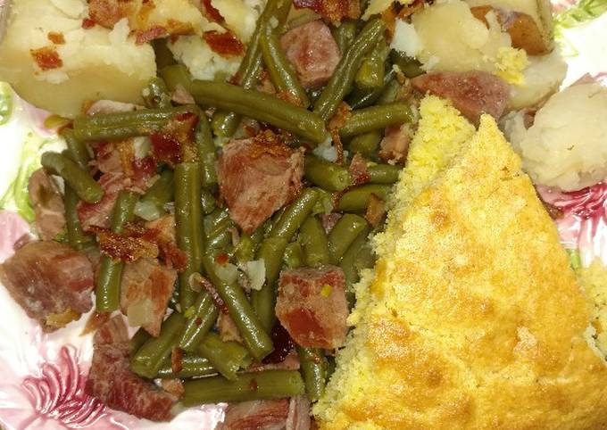 ham and beans with potatoes and cornbread recipe main photo