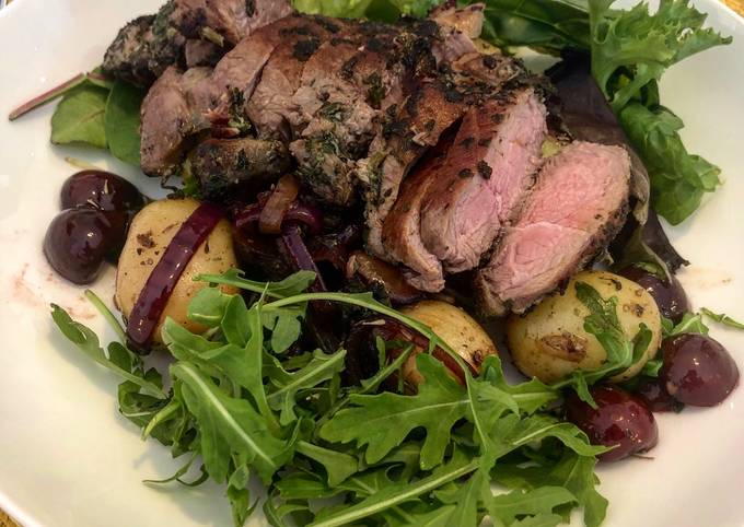 herby lamb leg steak with homemade cherry and potato salad recipe main photo