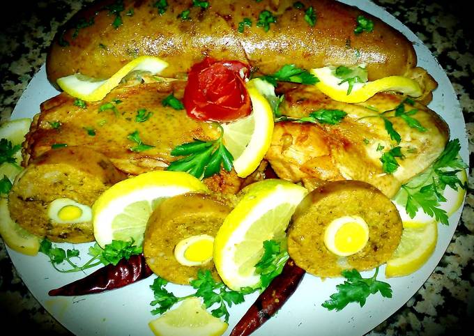 large intestine stuffed with semolina minced meat quail egg recipe main photo