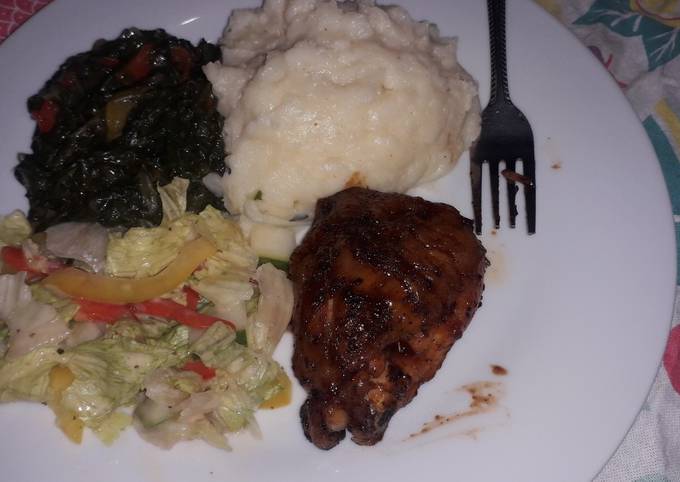 mashed potatoes creamy spinach with grilled chicken and salad recipe main photo