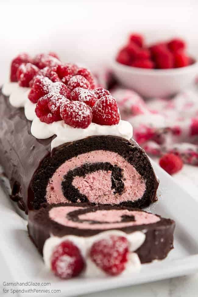 recipe of homemade fresh rasberry cake roll with whipped white chocolate ganache filling and frosting