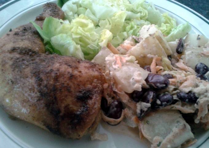 roast chicken leg with apple and blue cheese potato salad recipe main photo