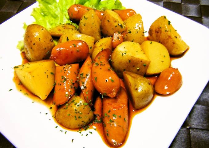 teriyaki style stir fried new potatoes and wiener sausages recipe main photo