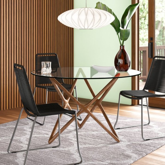 round mid century modern glass top dining table with starburst base medium natural finish unique artistic mcm furniture