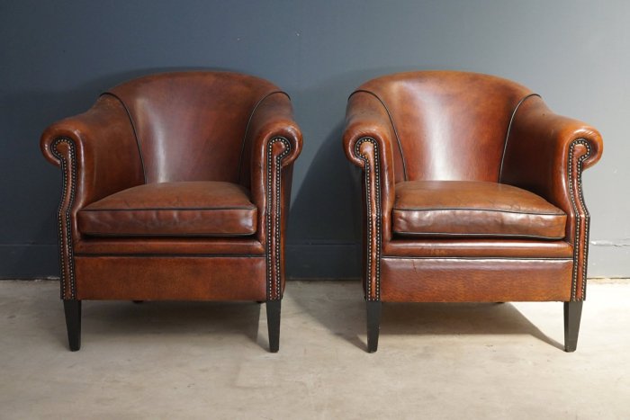 Club leather chairs vintage cognac set pamono