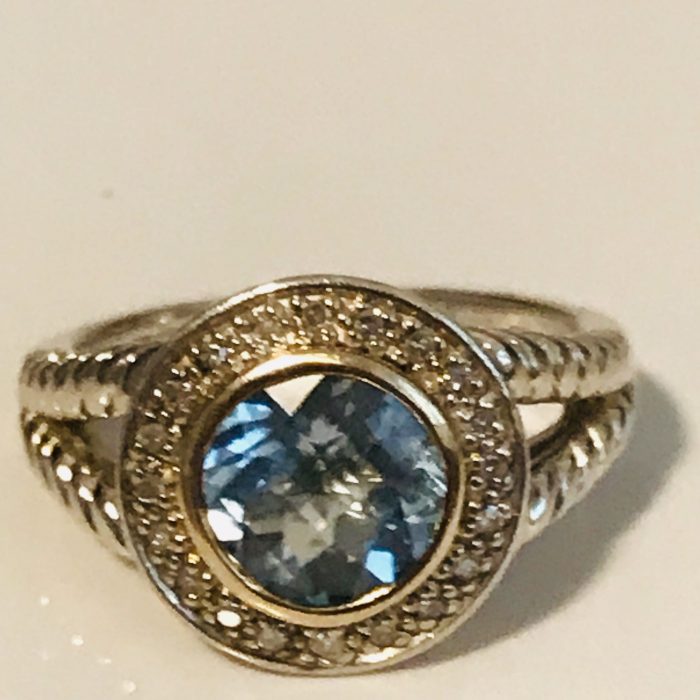 Vintage ring silver sterling jewelry stone 925 large statement size faceted aquamarine around center cz